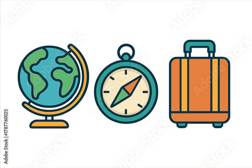 Set of travel and navigation icons including globe, compass, and suitcase