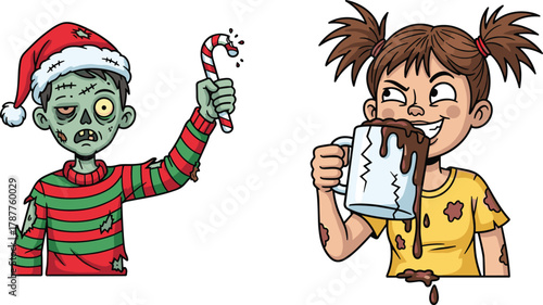 Funny cartoon zombie boy with Santa hat and candy cane, and messy girl drinking chocolate, humorous Christmas character illustration