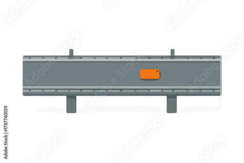 Gray highway traffic barrier with mounted orange warning device