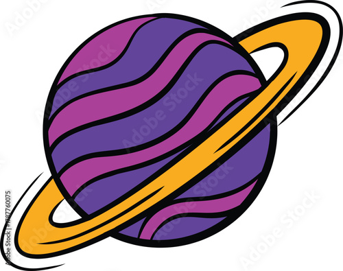 A vibrant cartoon planet with purple and pink stripes and a prominent yellow ring system, isolated on a white background.