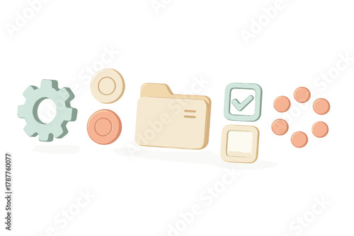 Pastel 3D interface icons for settings data and task management