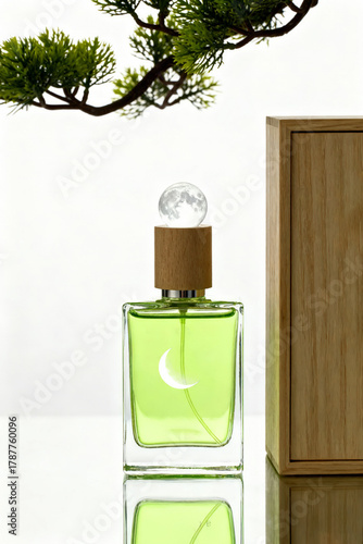 Bottle of unisex green eau de toilette, scented with green tea, on a white background