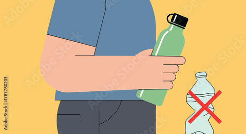 Person holding a reusable water bottle, with a disposable plastic bottle crossed out, promoting ecofriendly habits