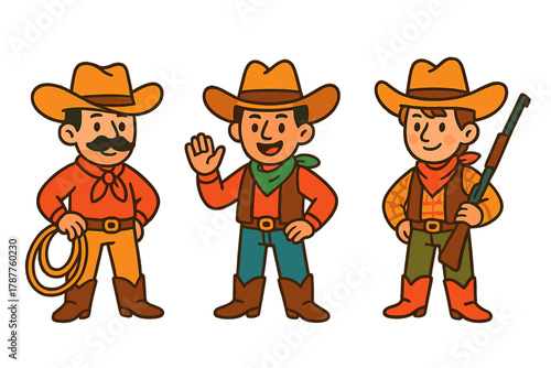 Three cartoon cowboys with lasso and rifle in western attire
