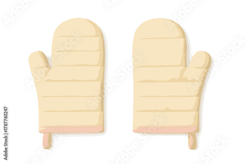 Pair of quilted beige oven mitts with pink trim isolated on white background