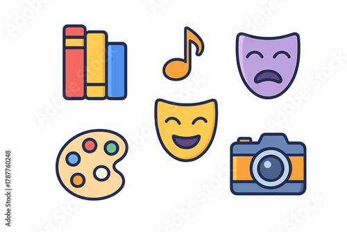 Colorful flat icons depicting various creative arts and educational subjects