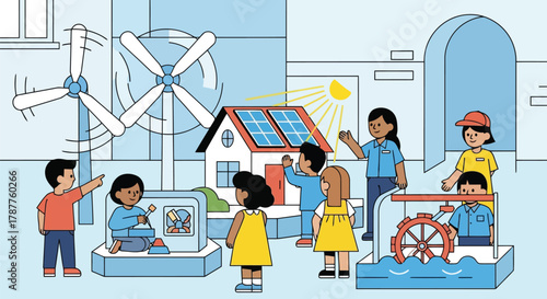 Children learning about renewable energy sources like solar power and wind turbines, with a model house and water wheel