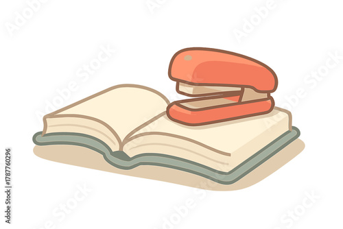 Open book with orange stapler resting on pages