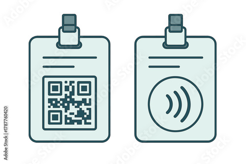 Stylized identification badge with QR code and contactless payment symbol