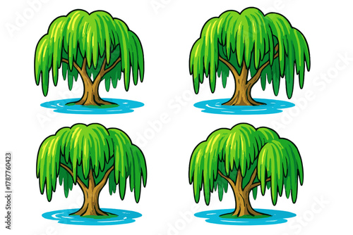 Four stylized weeping willow trees rooted in blue water
