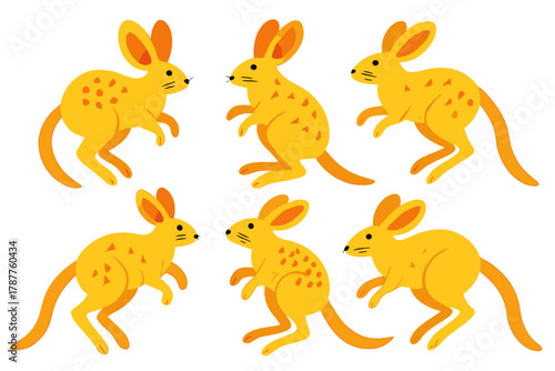 Six stylized yellow desert rodents in various jumping poses