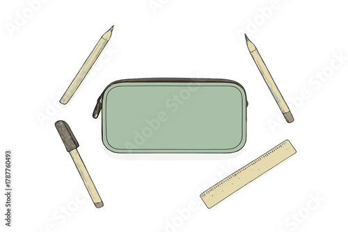 Light green pencil case surrounded by wooden writing tools and ruler