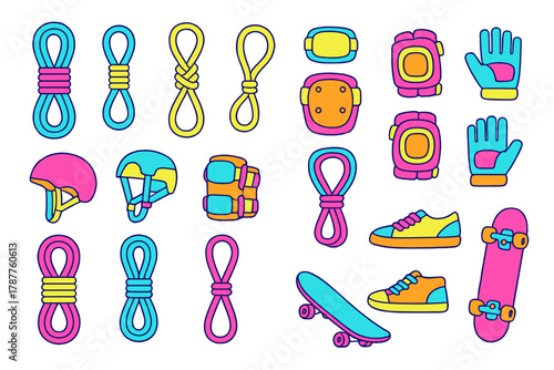 Vibrant extreme sports gear icons featuring ropes and protective accessories