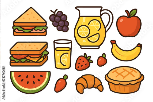 Colorful icons of breakfast and lunch food items featuring sandwiches and fresh fruit