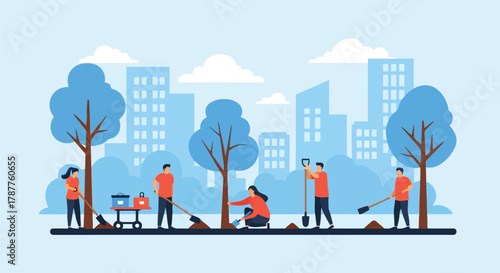 People planting trees in a city park with buildings in the background