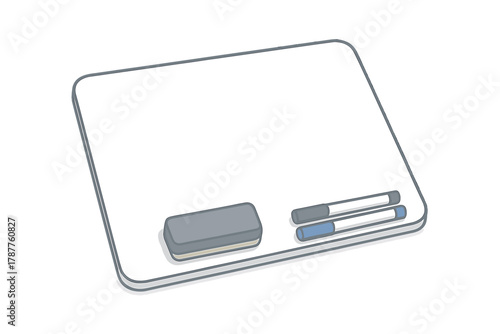Blank rectangular whiteboard with eraser and dry erase markers ready for use