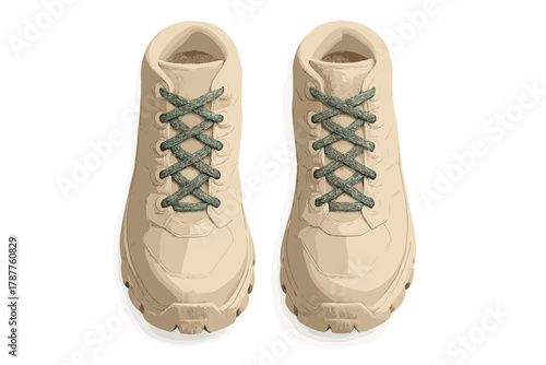 Beige hiking boots with green laces seen from above