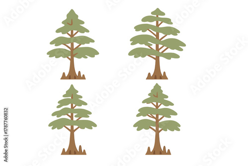 Four stylized evergreen tree icons featuring brown trunks and layered green foliage