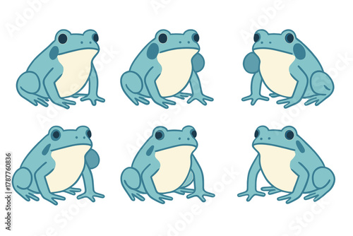 Pattern of cute blue frogs with vocal sacs sitting isolated on white background