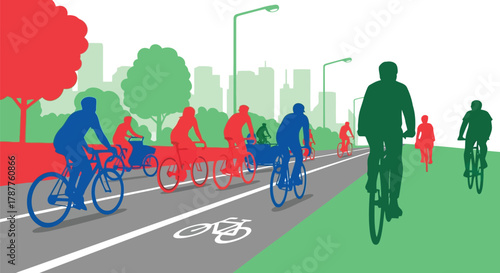 Diverse group of cyclists riding on a dedicated bike lane in a city park with stylized trees and buildings in the background