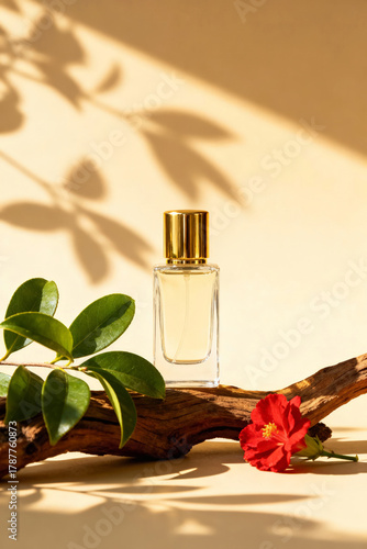 Perfume bottle with a golden lid on a warm background with a tree branch and flowers