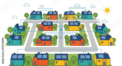 Aerial view of a suburban neighborhood with houses equipped with solar panels on their roofs, connected by roads and surrounded by trees
