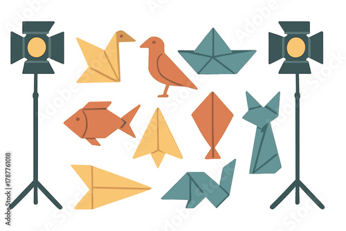 Colorful origami paper figures and professional studio lighting setup