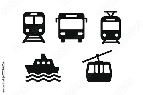 Black silhouette icons of various public transportation vehicles