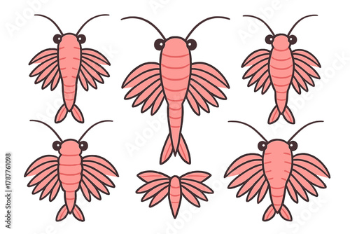 Stylized pink krill or small shrimp icons in various orientations