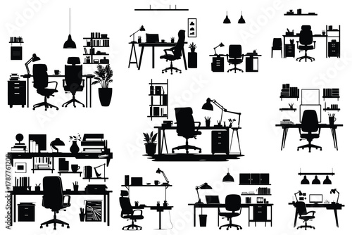 Collection of Office Desk Silhouettes with Chairs and Shelves