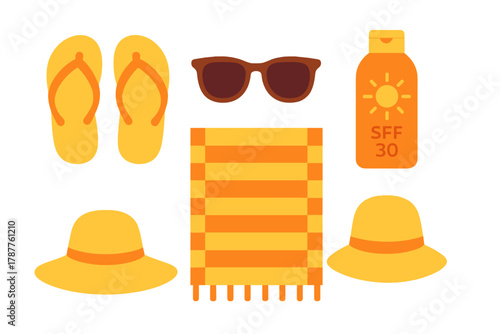 Summer beach vacation accessories collection with sun protection items