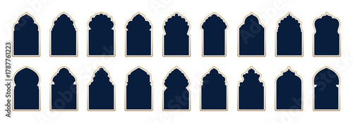 Arabian arc windows, mosque shapes graphic Islam elements. Arab decorative window, Muslim architecture ornate beautiful racy. Frames in Arabic Muslim design. silhouette Moroccan borders or gates