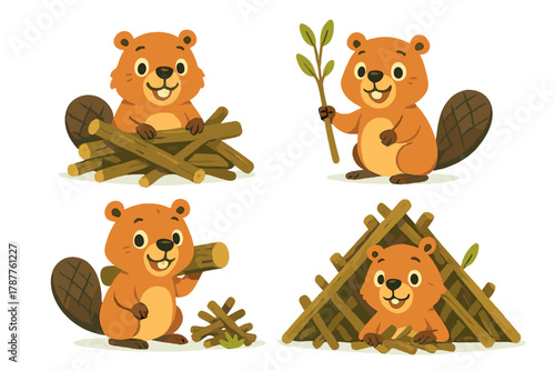 Charming cartoon beaver characters building dam and lodge activities set