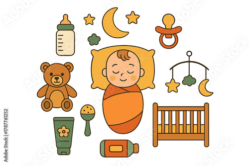 Sleeping infant surrounded by essential nursery care items and soft toys