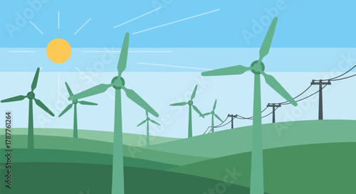 A landscape filled with wind turbines generating clean renewable energy, with rolling hills and power lines under a bright sunny sky, symbolizing green power