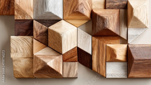 Fototapeta Naklejka Na Ścianę i Meble -  Wooden geometric wall art with various wood tones and textures