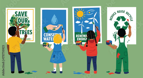 Children painting posters about environmental protection, including saving trees, conserving water, renewable energy, and recycling, concept of education and awareness