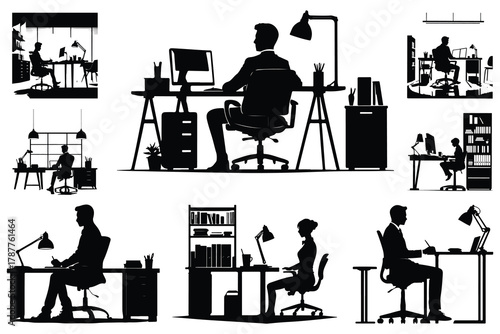 Silhouettes of people working at desks in offices computer