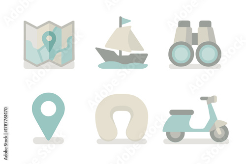 Travel and vacation icons set with map, boat, binoculars, location pin, pillow, and scooter