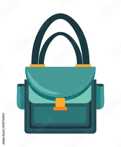 Teal handbag with two side pockets and orange clasp Keywords: handbag, purse, bag, accessory