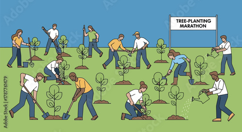 Diverse group of people participating in a tree planting marathon event, digging and watering young saplings