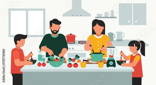 Family cooking together in a modern kitchen, preparing a healthy meal with fresh ingredients and a blender