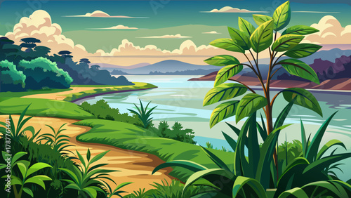 Very beautiful view of a plant growing on the Mississippi River bank in Louisiana, USA, featuring lush greenery, calm river waters, and a realistic natural riverside landscape.