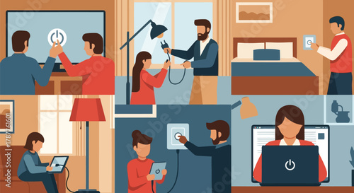 Collage of people interacting with technology and electricity in home settings, illustrating smart home and energy management