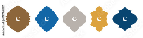 Shape Islamic window silhouette Arabic arch with crescent symbol. Collection of doors in oriental style. Frames in Arabic Muslim design for Ramadan Kareem. Vector mosque gate isolated on transparent