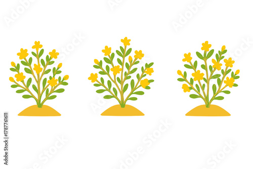 Three stylized yellow flowering shrubs growing from yellow mounds