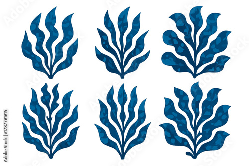 Six stylized blue seaweed and kelp plant silhouettes for design