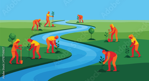 Group of people planting trees along a riverbank, symbolizing environmental protection, reforestation, and community effort