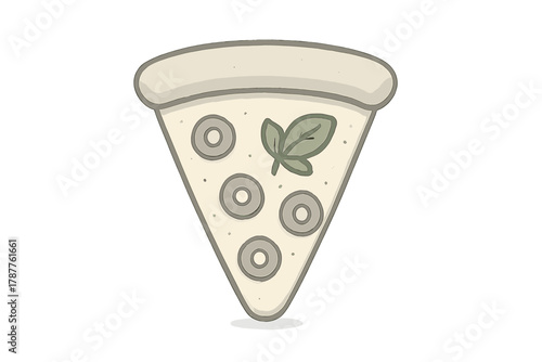 Stylized pizza slice with olives and fresh basil leaf icon