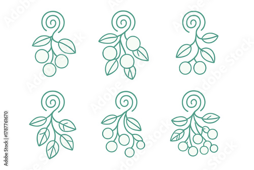 Stylized botanical sprigs with berries and decorative spiral accents